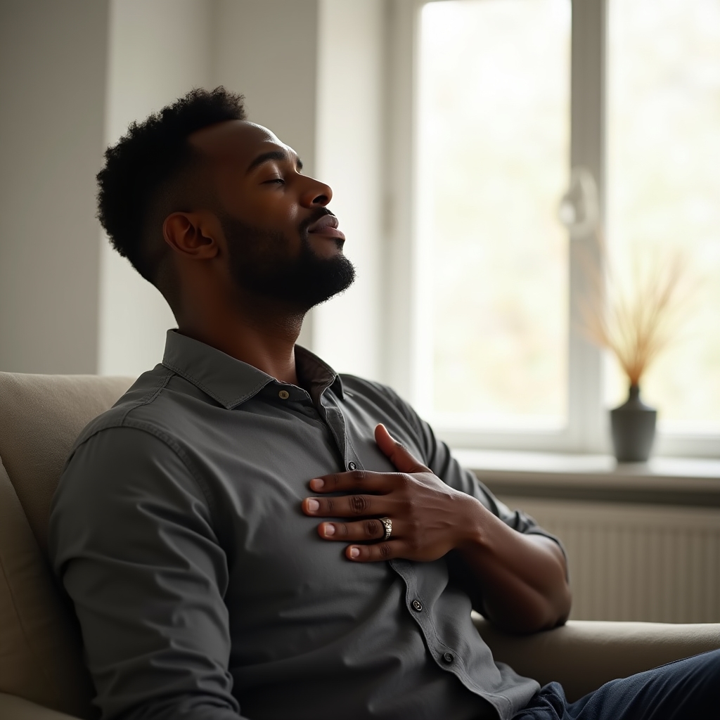 Person practicing a calming breathing exercise while seated near a window