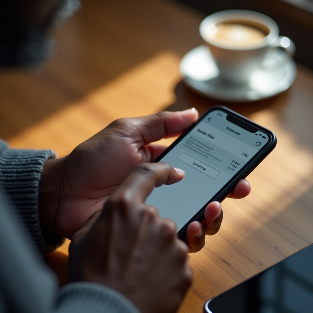 Hand pausing over a phone screen before completing an online checkout