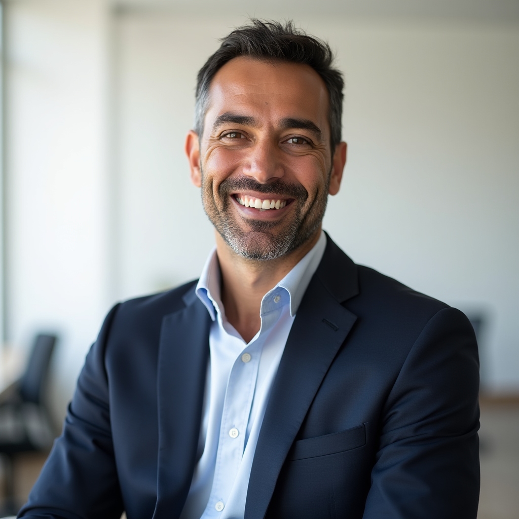 Man advisor in business attire smiling in a bright minimalist office