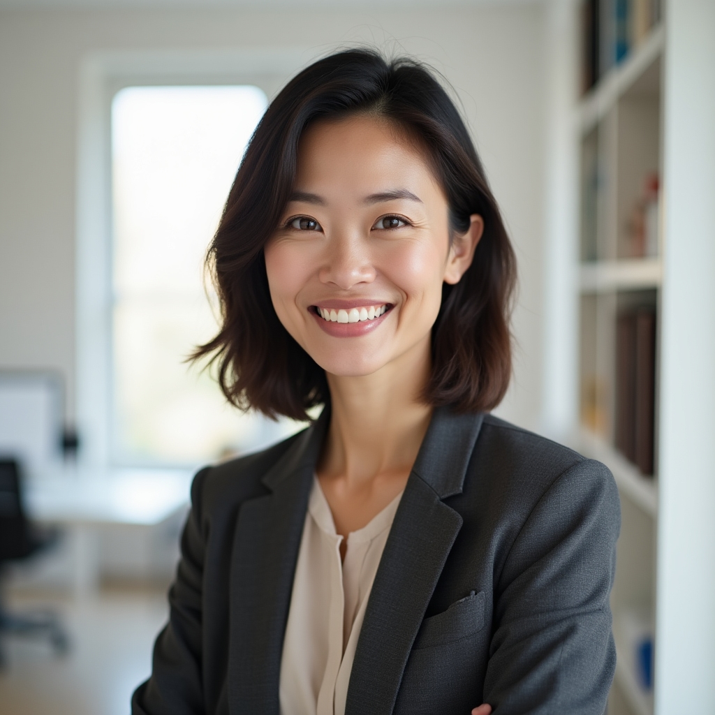 Woman advisor in business attire smiling in a bright minimalist office