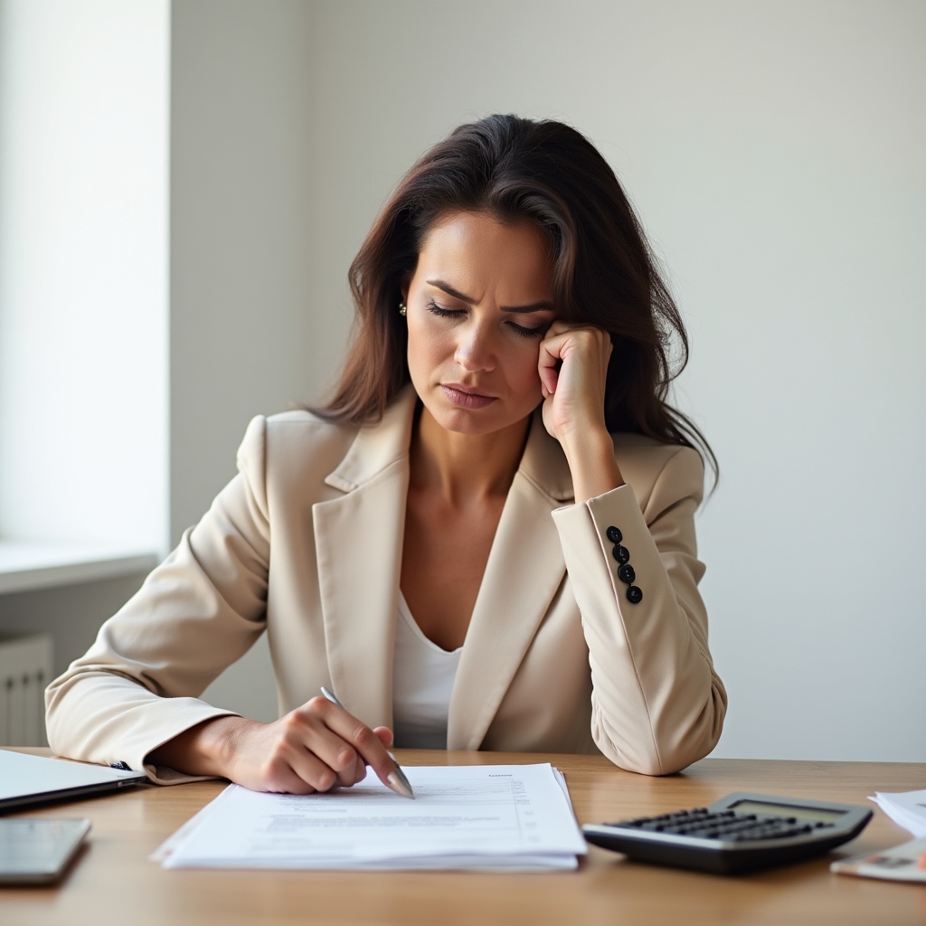 Person reviewing financial documents at a bright desk while under time pressure