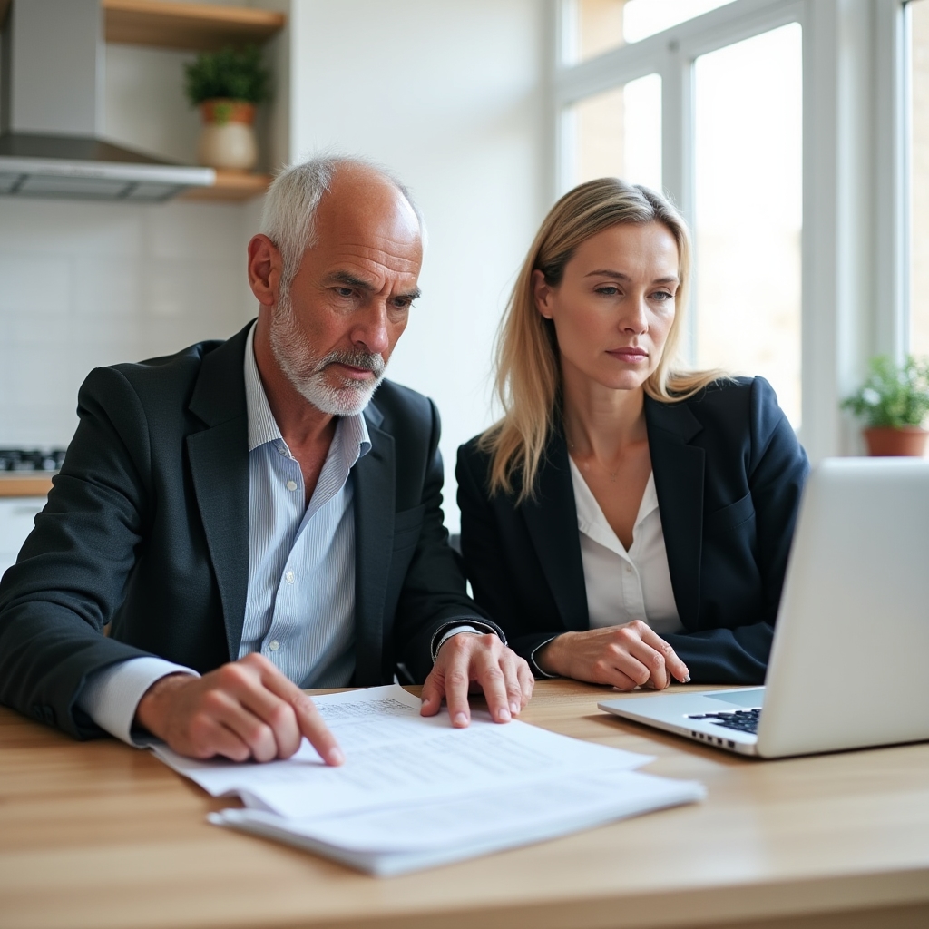 Two people reviewing paperwork together during a stressful life transition