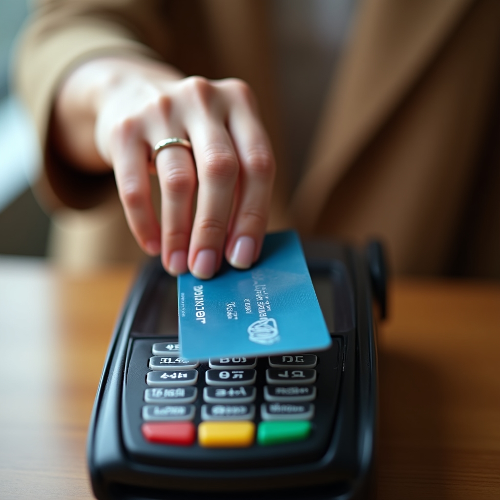 Close view of a hand hesitating over a credit card before an online payment