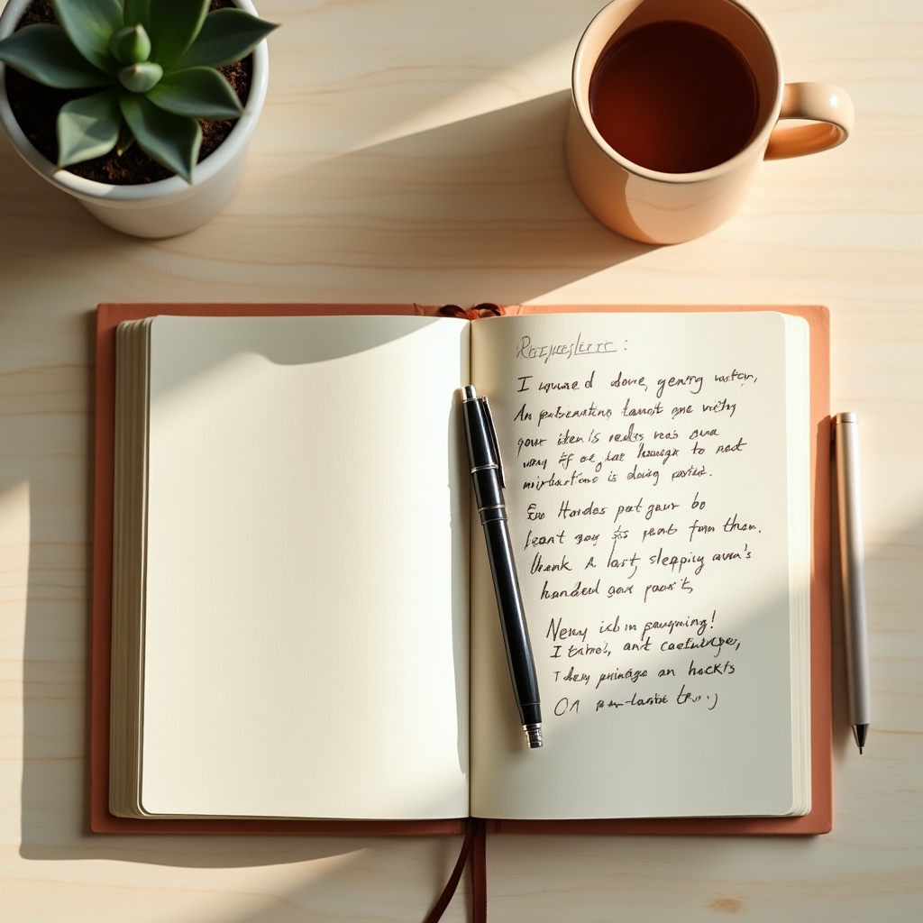 Open notebook and pen on a bright desk used for reflective journaling