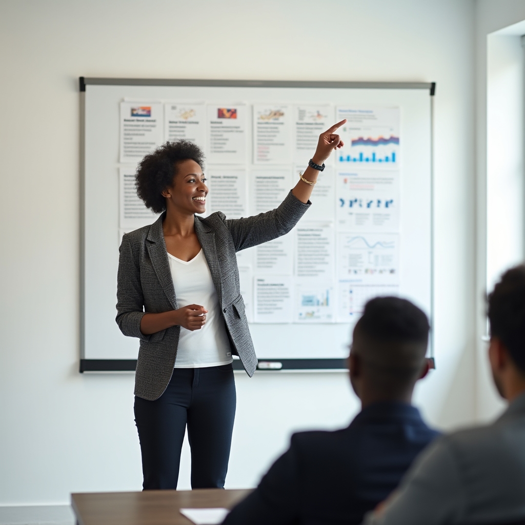 Educator pointing at a printed chart explaining decision psychology to a small group