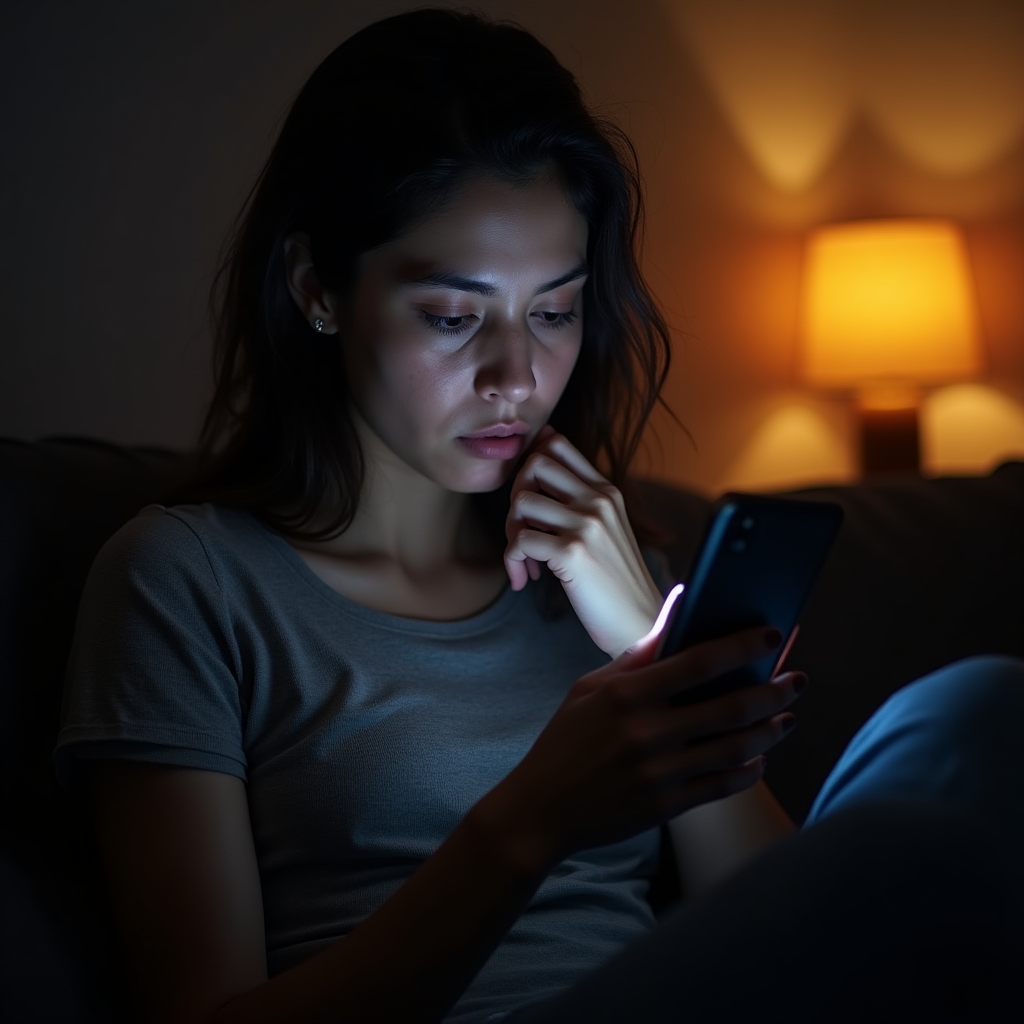 Person looking at a banking app on a phone late at night in low light