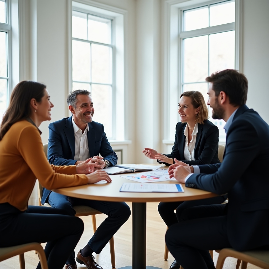 Small group discussing financial decision scenarios around a bright table